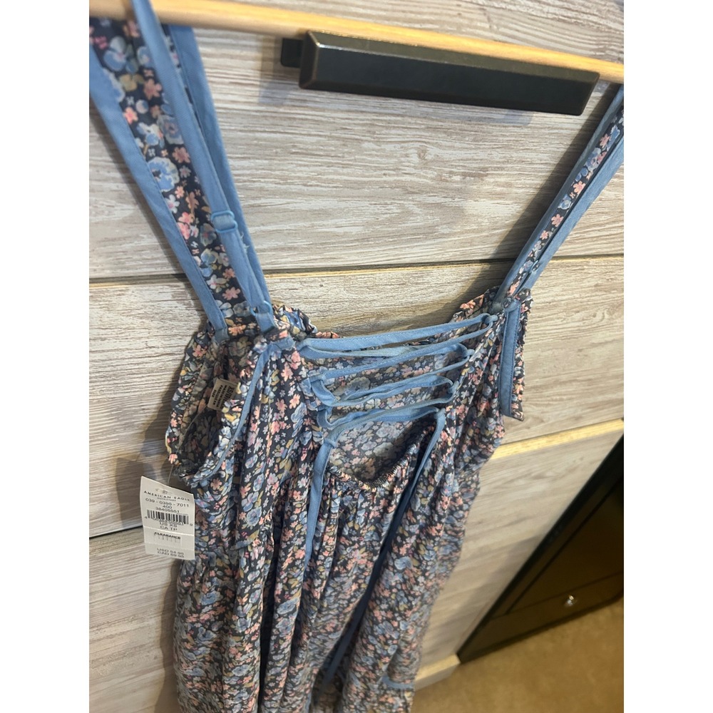 American Eagle Floral Lace Up Back Mini Dress Blue Pink Ditsy Babydoll XS NEW - Picture 8 of 9